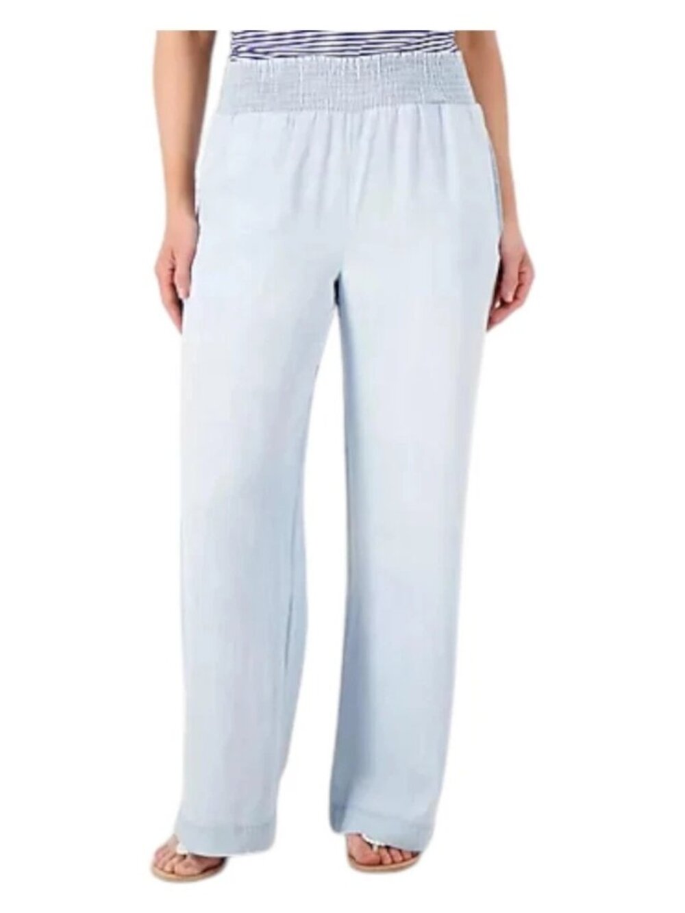 Side Stitch Pants 1X Smocked Waist Wide Leg Pull On Light Blue Riviera Wash Chic